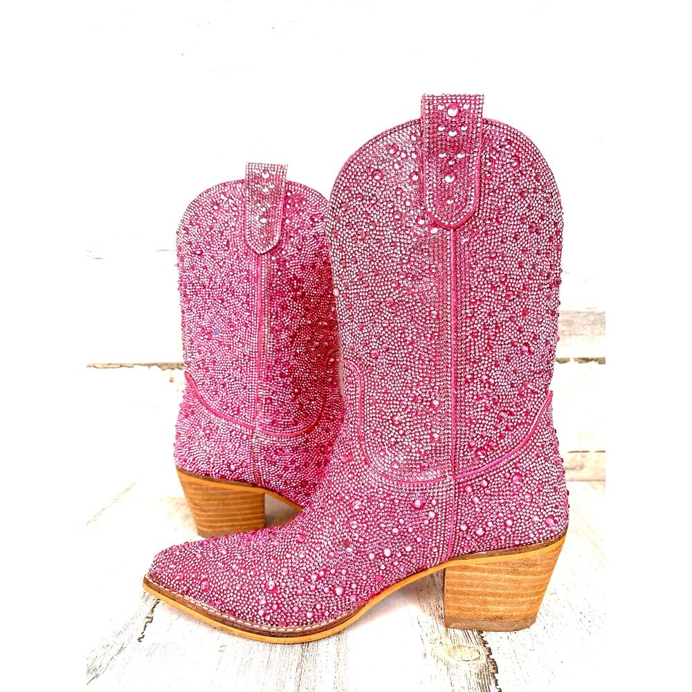 Macie Bean Womens 8.5 Pink Rhinestone Western Heeled Cowboy Pull On Ankle Boots